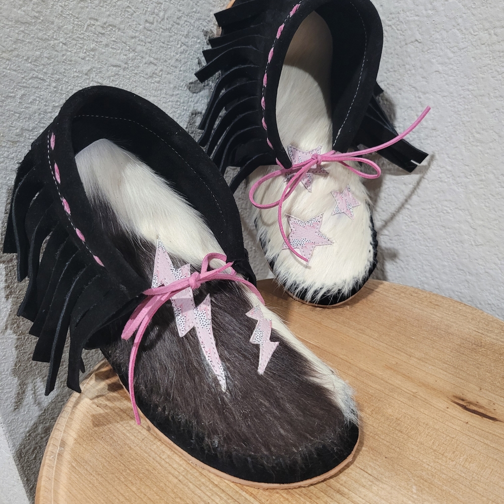 Black and White Cowhide Moccasins with Pink Accents - Picture 5 of 5